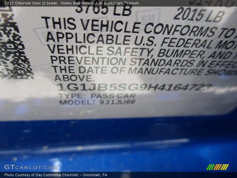 Kinetic Blue Metallic / Jet Black/Dark Titanium 2017 Chevrolet Sonic LS Sedan