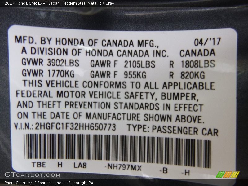 Modern Steel Metallic / Gray 2017 Honda Civic EX-T Sedan