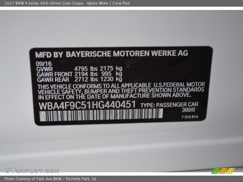 Alpine White / Coral Red 2017 BMW 4 Series 430i xDrive Gran Coupe