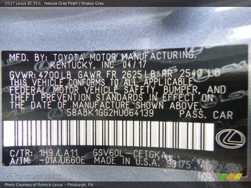 Nebula Gray Pearl / Stratus Gray 2017 Lexus ES 350