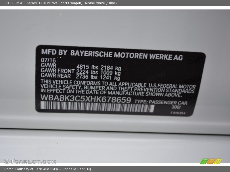 2017 3 Series 330i xDrive Sports Wagon Alpine White Color Code 300