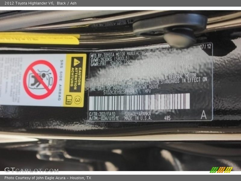 Black / Ash 2012 Toyota Highlander V6