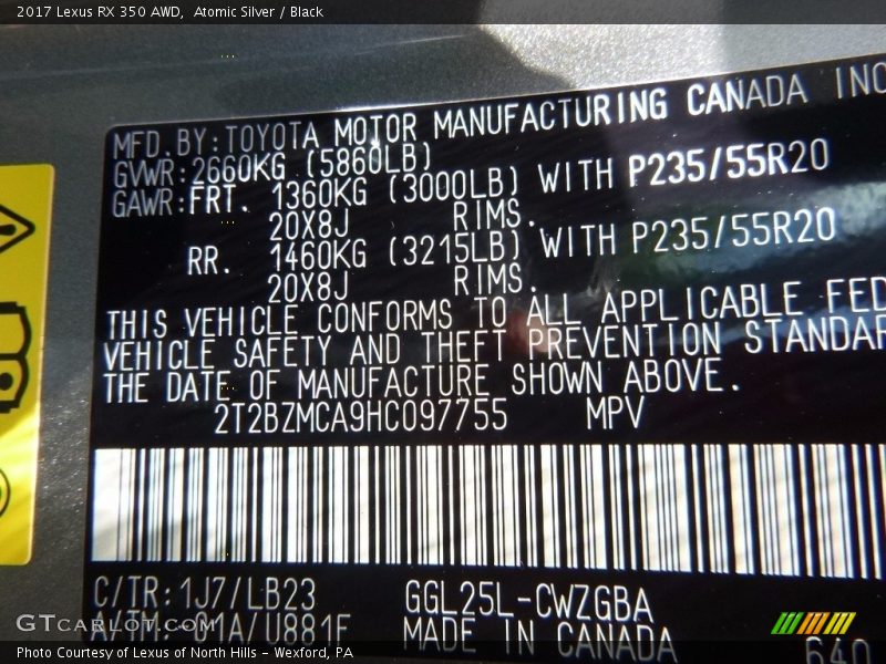 Atomic Silver / Black 2017 Lexus RX 350 AWD