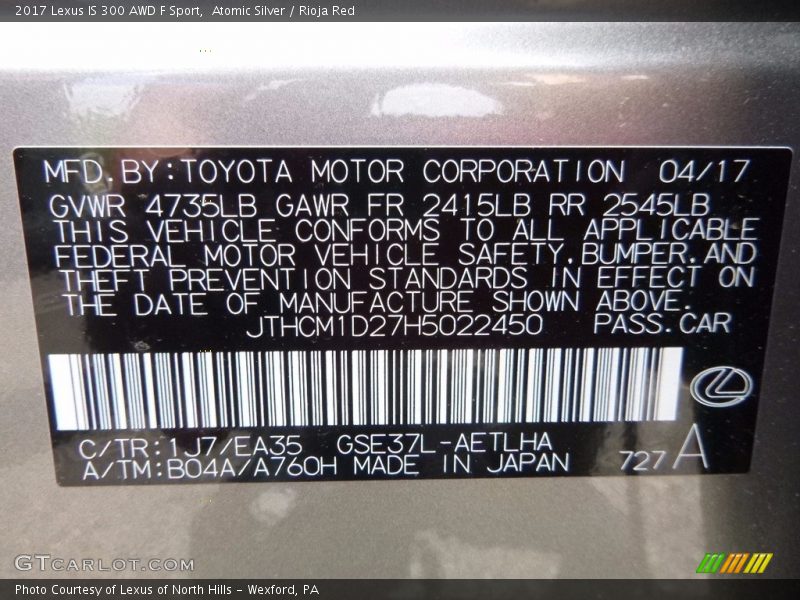 Atomic Silver / Rioja Red 2017 Lexus IS 300 AWD F Sport