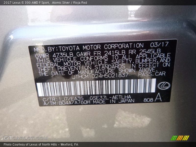 Atomic Silver / Rioja Red 2017 Lexus IS 300 AWD F Sport