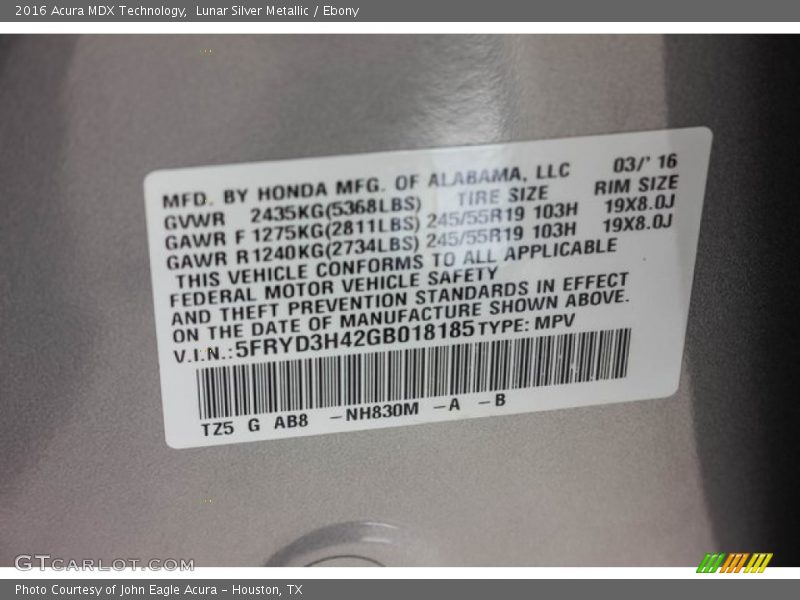 Lunar Silver Metallic / Ebony 2016 Acura MDX Technology