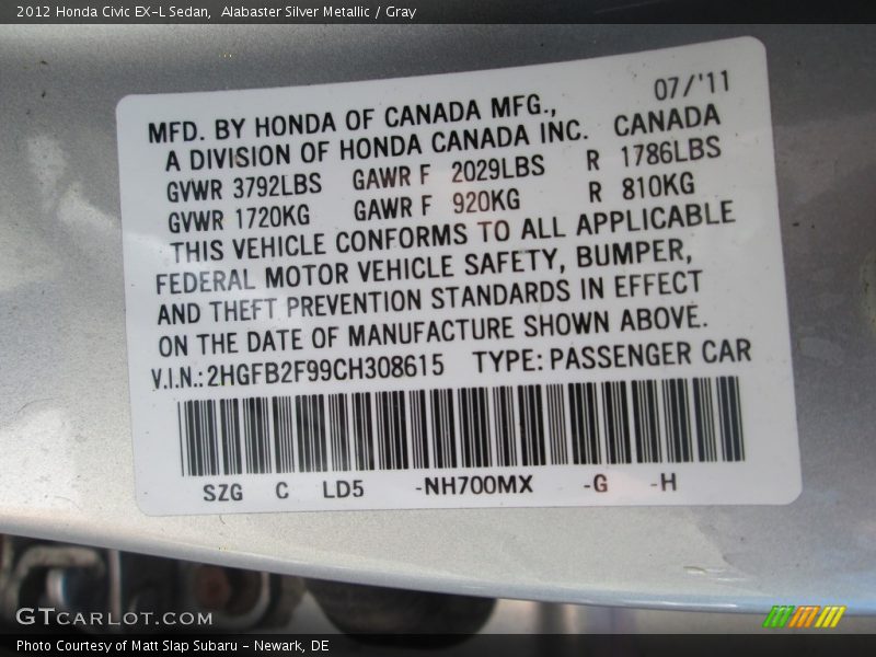 Alabaster Silver Metallic / Gray 2012 Honda Civic EX-L Sedan