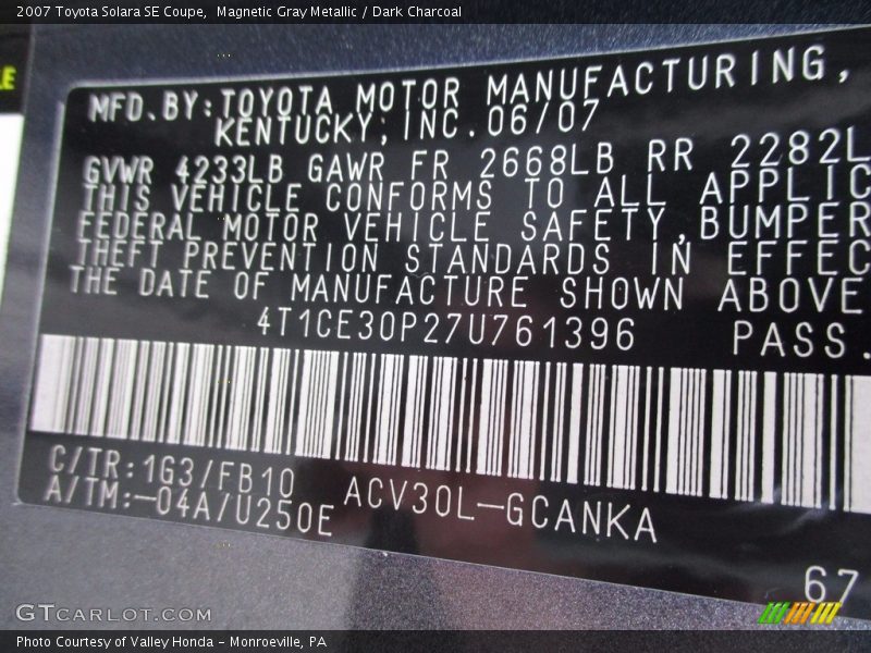 Magnetic Gray Metallic / Dark Charcoal 2007 Toyota Solara SE Coupe
