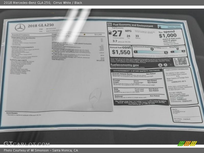  2018 GLA 250 Window Sticker