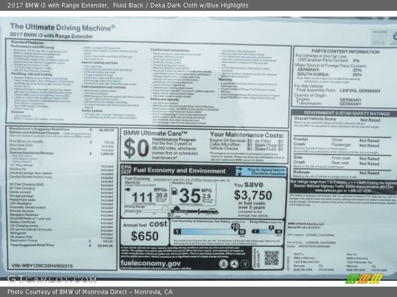 Fluid Black / Deka Dark Cloth w/Blue Highlights 2017 BMW i3 with Range Extender