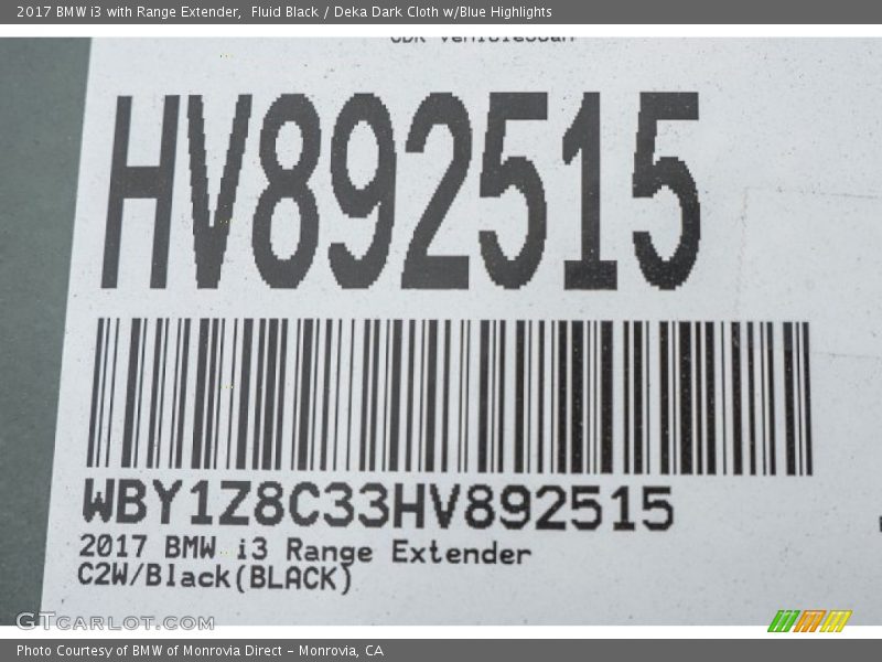 Fluid Black / Deka Dark Cloth w/Blue Highlights 2017 BMW i3 with Range Extender