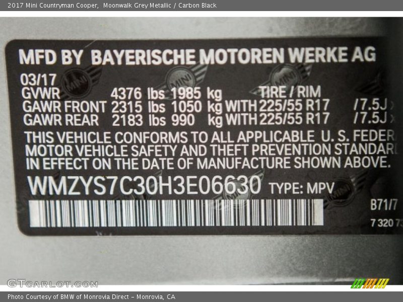 Moonwalk Grey Metallic / Carbon Black 2017 Mini Countryman Cooper