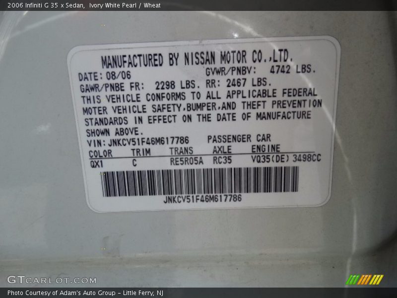 Ivory White Pearl / Wheat 2006 Infiniti G 35 x Sedan