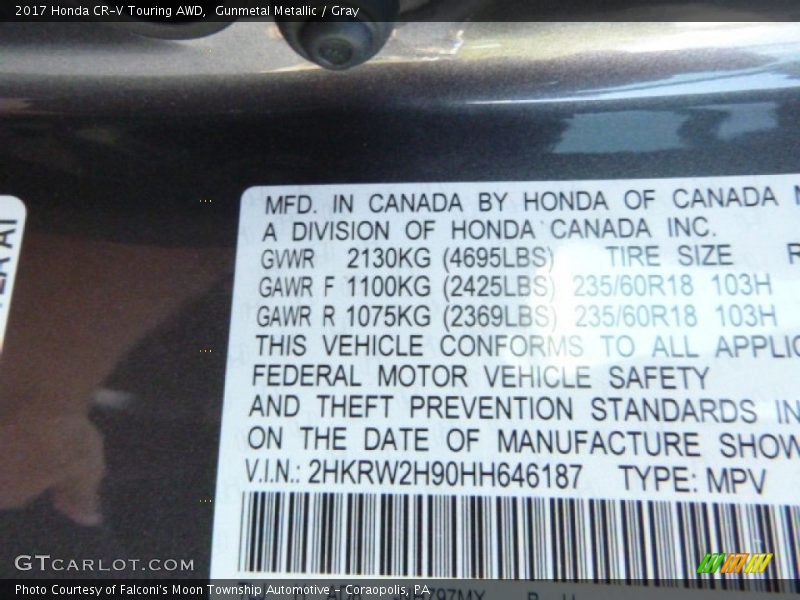 Gunmetal Metallic / Gray 2017 Honda CR-V Touring AWD