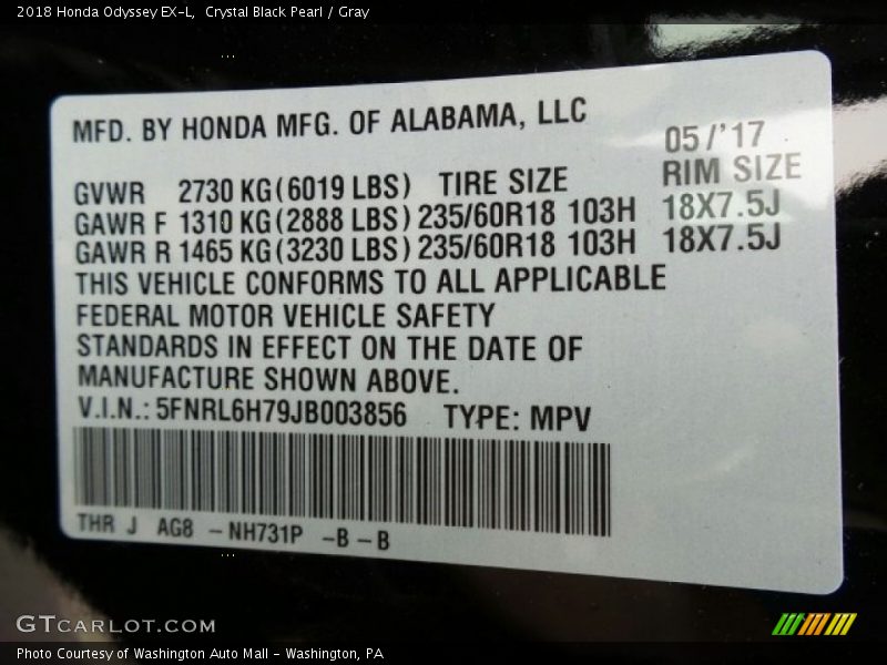 Crystal Black Pearl / Gray 2018 Honda Odyssey EX-L