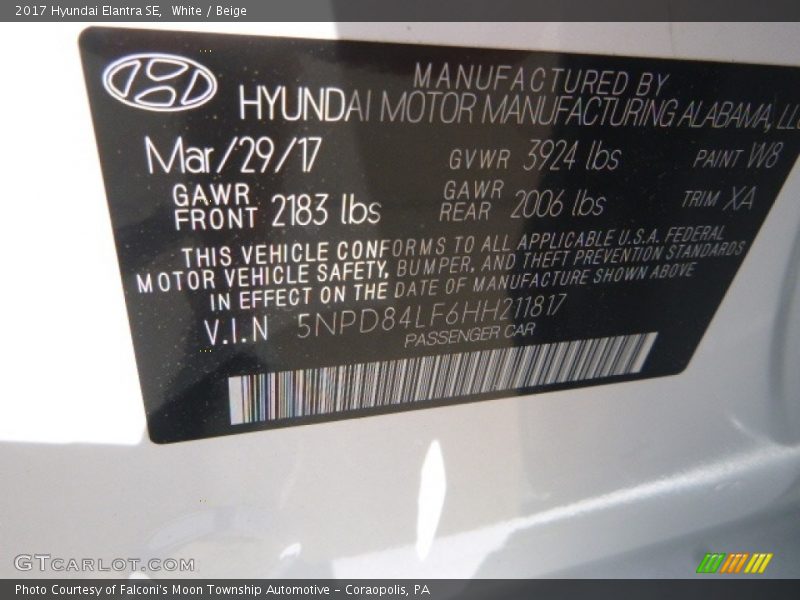 White / Beige 2017 Hyundai Elantra SE