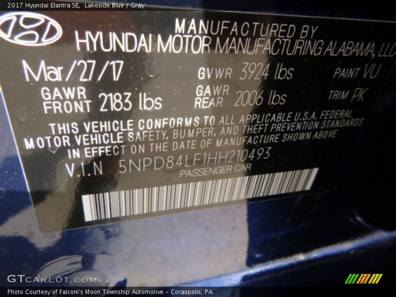 Lakeside Blue / Gray 2017 Hyundai Elantra SE