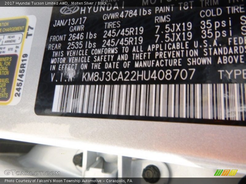 Molten Silver / Black 2017 Hyundai Tucson Limited AWD