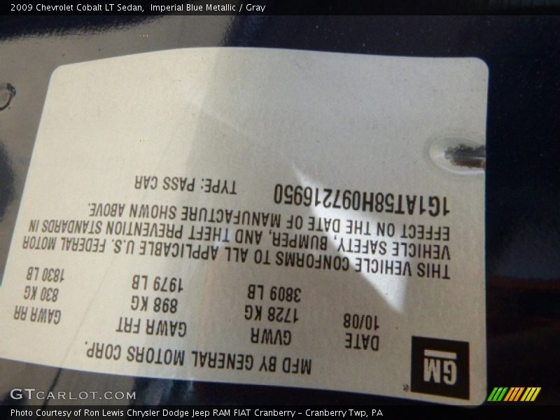 Imperial Blue Metallic / Gray 2009 Chevrolet Cobalt LT Sedan