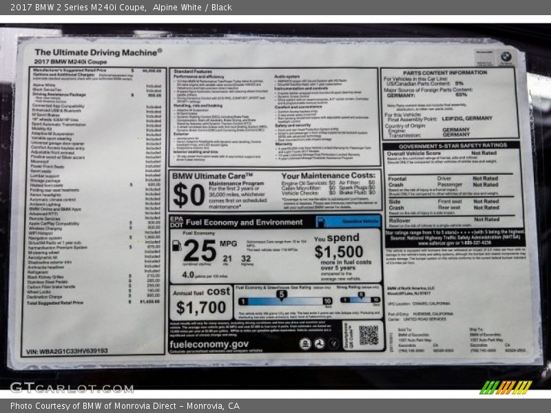  2017 2 Series M240i Coupe Window Sticker