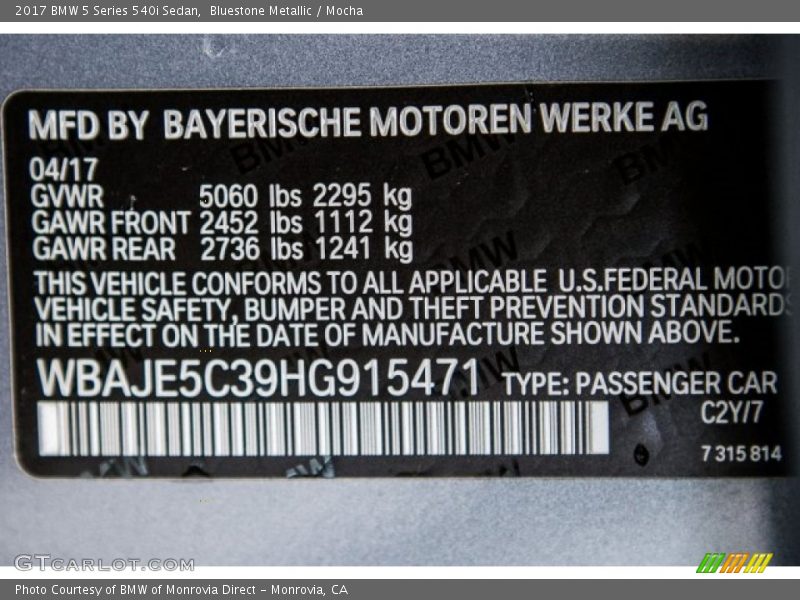 Bluestone Metallic / Mocha 2017 BMW 5 Series 540i Sedan