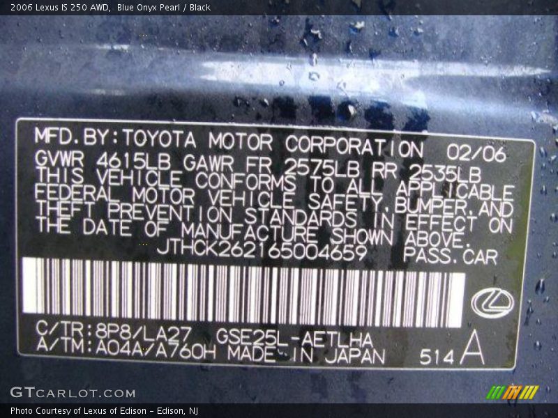 Blue Onyx Pearl / Black 2006 Lexus IS 250 AWD