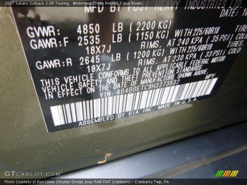 Wilderness Green Metallic / Java Brown 2017 Subaru Outback 3.6R Touring