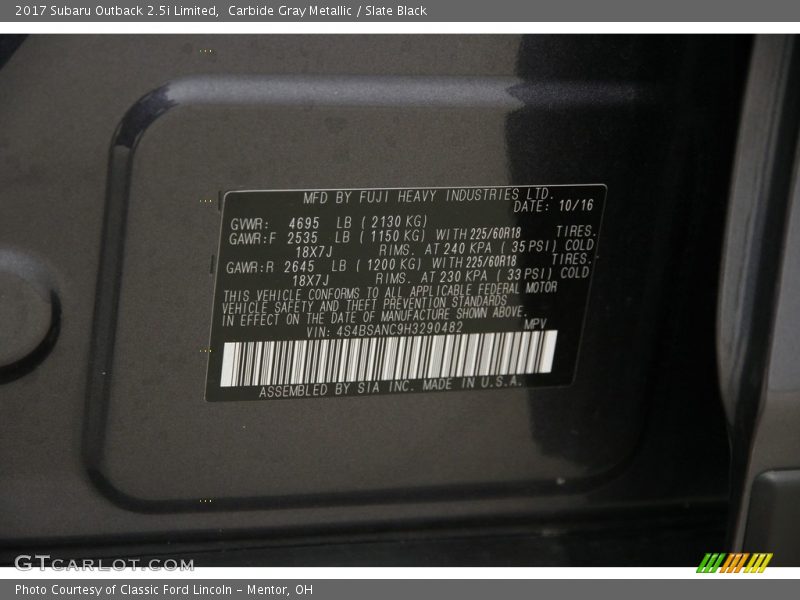 Carbide Gray Metallic / Slate Black 2017 Subaru Outback 2.5i Limited