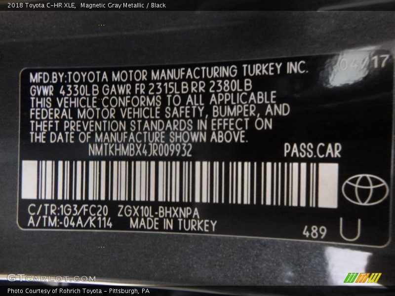 2018 C-HR XLE Magnetic Gray Metallic Color Code 1G3