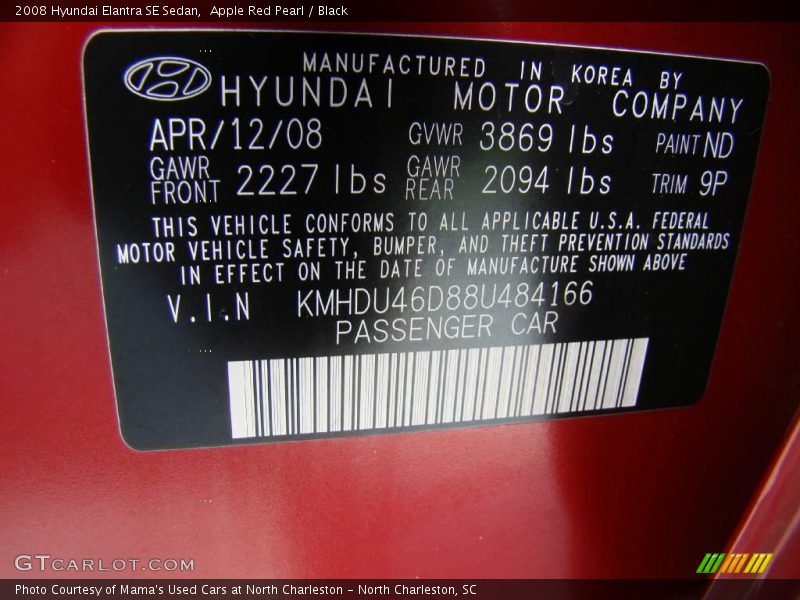 Apple Red Pearl / Black 2008 Hyundai Elantra SE Sedan