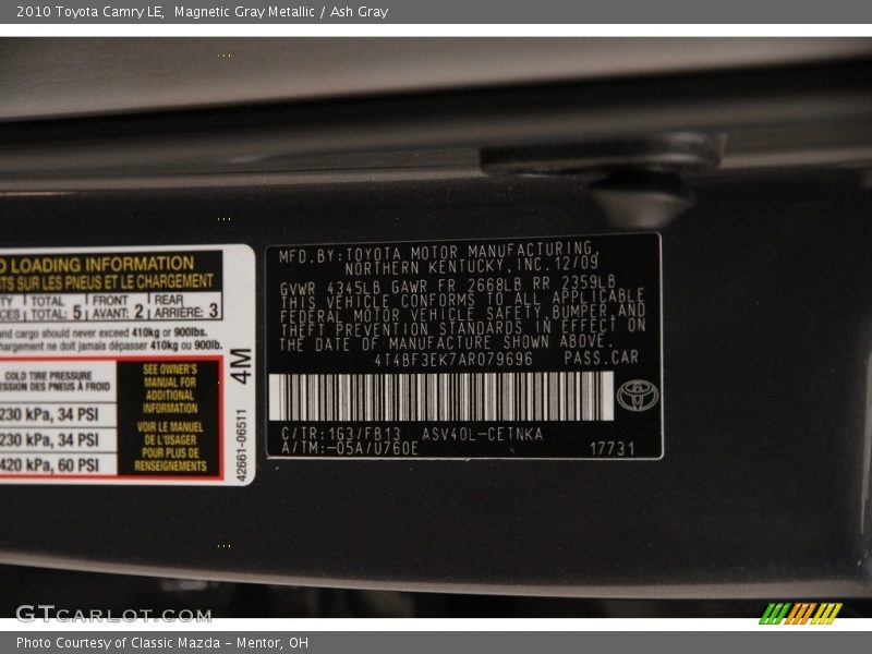 Magnetic Gray Metallic / Ash Gray 2010 Toyota Camry LE