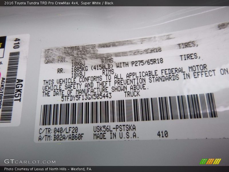 2016 Tundra TRD Pro CrewMax 4x4 Super White Color Code 040
