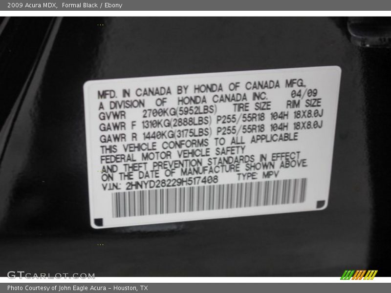 Formal Black / Ebony 2009 Acura MDX