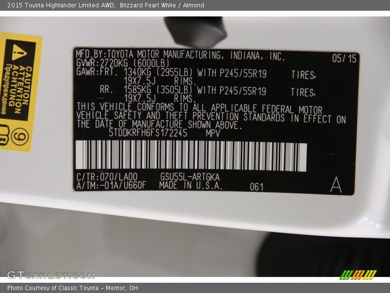 Blizzard Pearl White / Almond 2015 Toyota Highlander Limited AWD