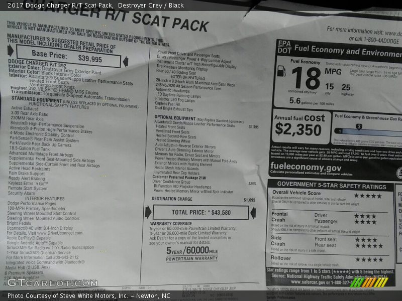 Destroyer Grey / Black 2017 Dodge Charger R/T Scat Pack