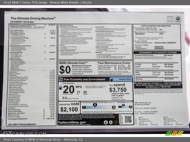  2018 7 Series 750i Sedan Window Sticker