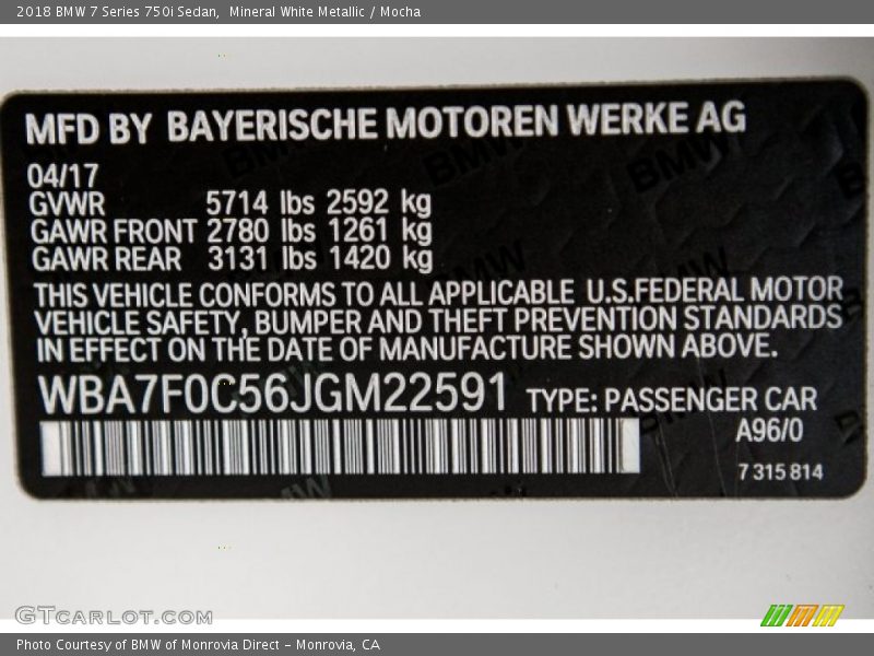 2018 7 Series 750i Sedan Mineral White Metallic Color Code A96