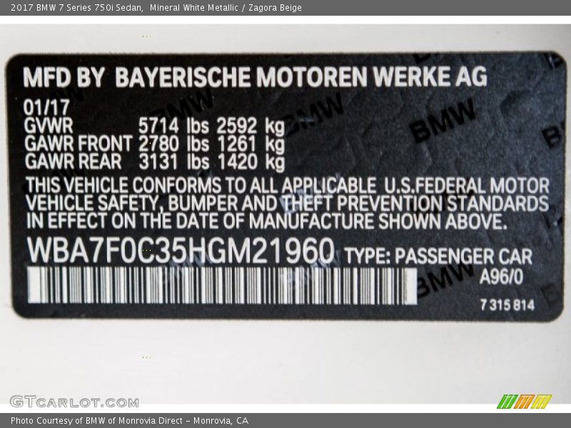 Mineral White Metallic / Zagora Beige 2017 BMW 7 Series 750i Sedan