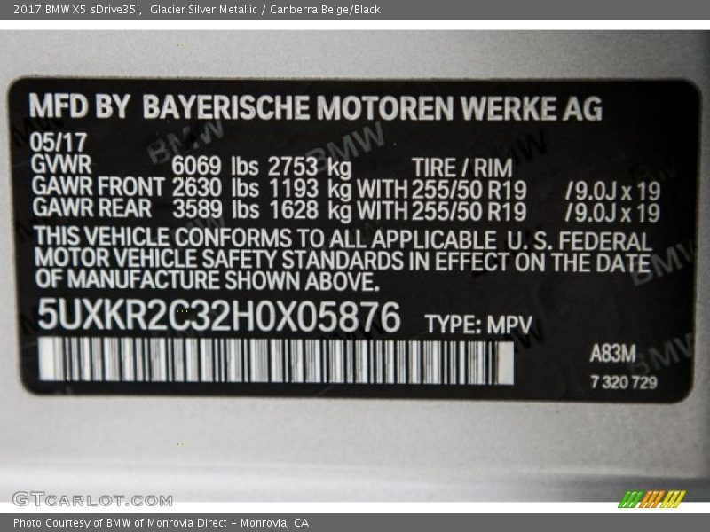 Glacier Silver Metallic / Canberra Beige/Black 2017 BMW X5 sDrive35i