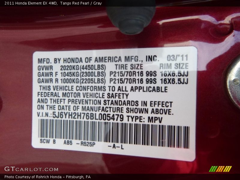 Tango Red Pearl / Gray 2011 Honda Element EX 4WD