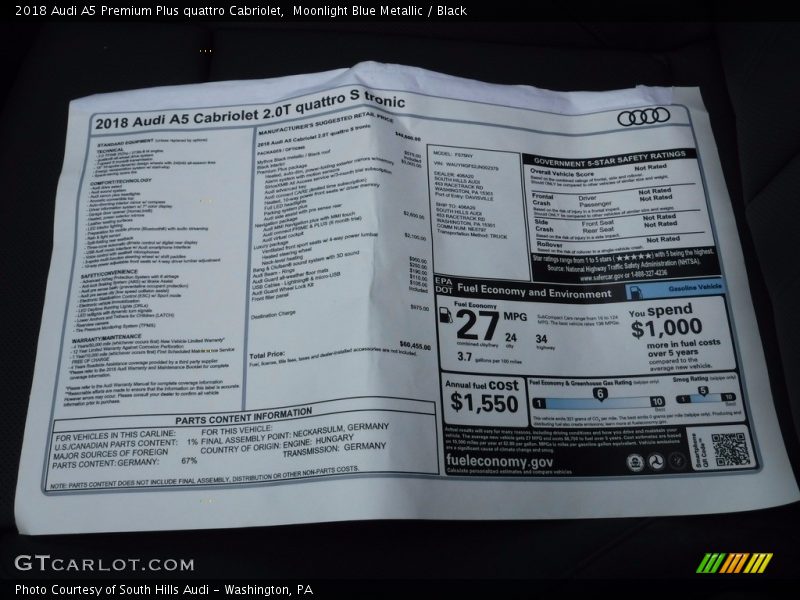  2018 A5 Premium Plus quattro Cabriolet Window Sticker