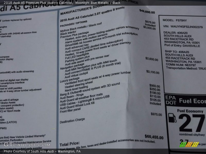  2018 A5 Premium Plus quattro Cabriolet Window Sticker