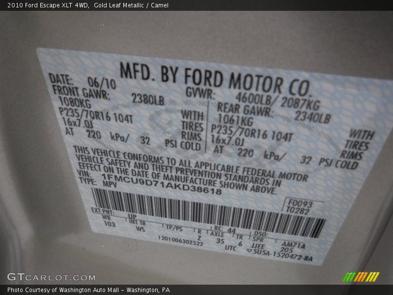 Gold Leaf Metallic / Camel 2010 Ford Escape XLT 4WD