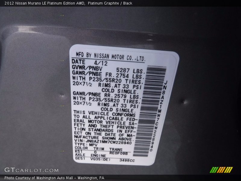 Platinum Graphite / Black 2012 Nissan Murano LE Platinum Edition AWD