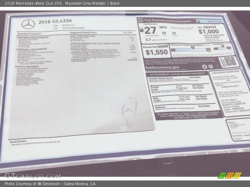  2018 GLA 250 Window Sticker