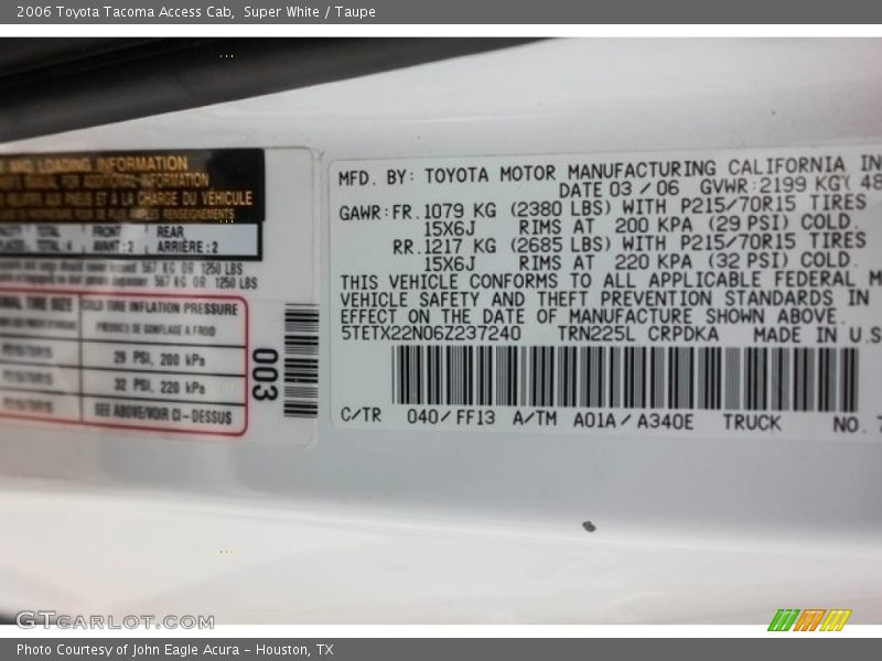 Super White / Taupe 2006 Toyota Tacoma Access Cab