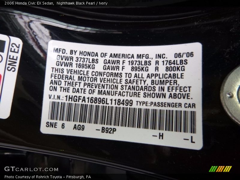 Nighthawk Black Pearl / Ivory 2006 Honda Civic EX Sedan