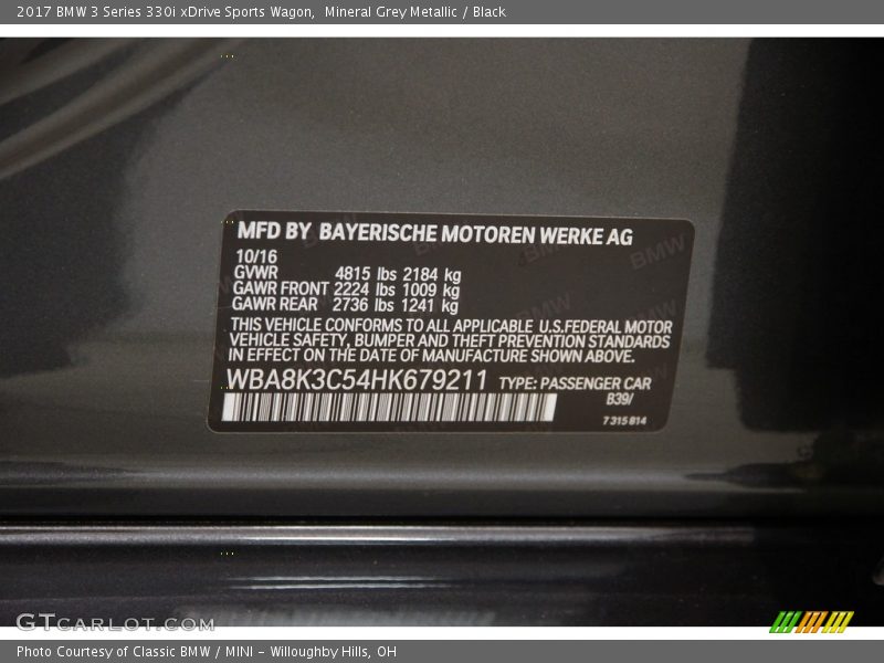 2017 3 Series 330i xDrive Sports Wagon Mineral Grey Metallic Color Code B39