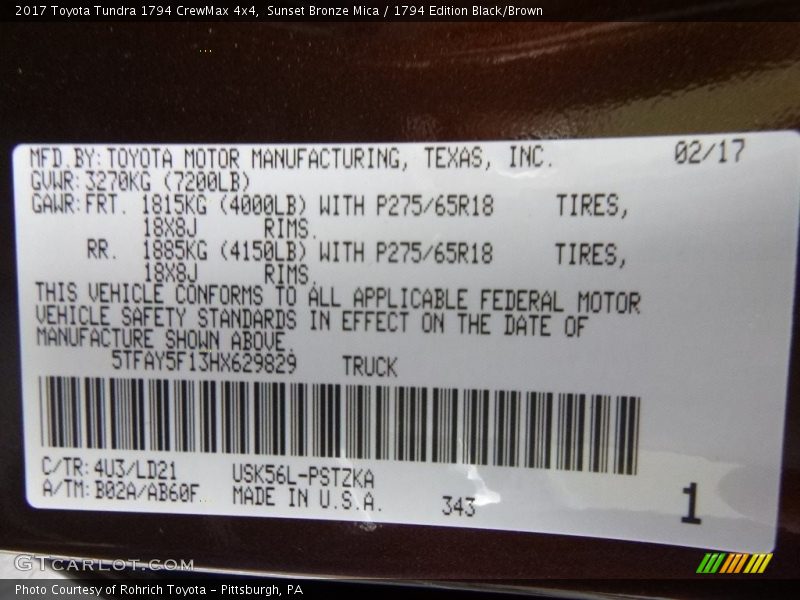 2017 Tundra 1794 CrewMax 4x4 Sunset Bronze Mica Color Code 4U3