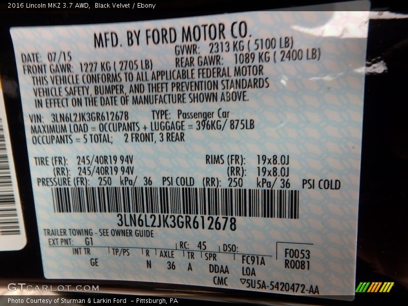 2016 MKZ 3.7 AWD Black Velvet Color Code G1